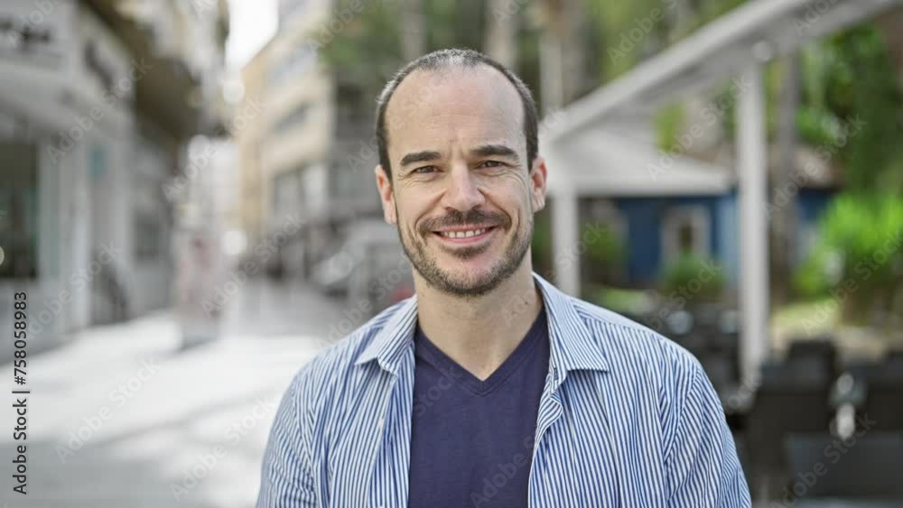 Smiling bald man with beard in striped shirt standing on a city street. Smiling bald man with beard in striped shirt standing on a city street.