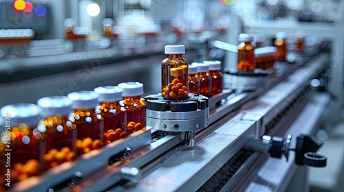A conveyor belt with many bottles of pills on it. The bottles are in different colors and sizes