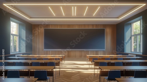  Bright classroom with empty blackboard, desks and chairs in a lecture hall photo