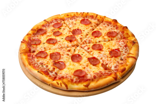 Whole cheesy pepperoni Italian pizza, isolated cutout food on transparent background