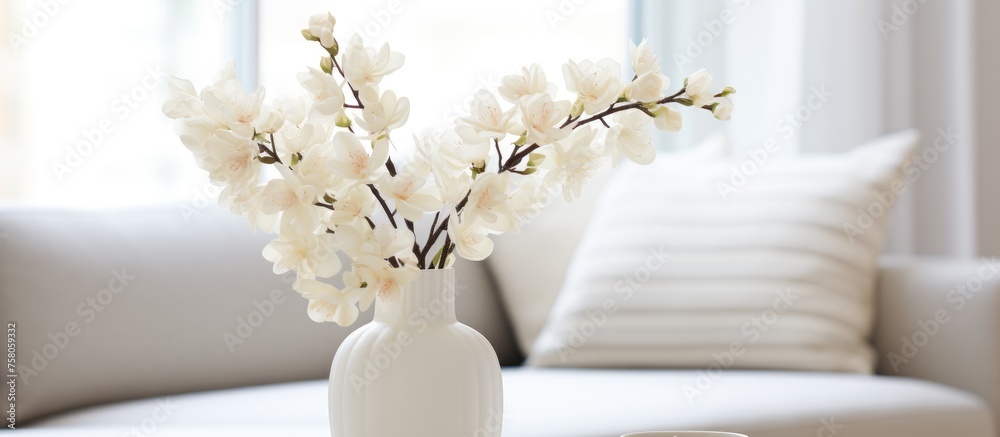 Modern interior design with white flowers in a vase on a light background at home. Modern interior design with white flowers in a vase on a light background at home.