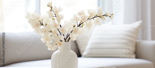 Modern interior design with white flowers in a vase on a light background at home.