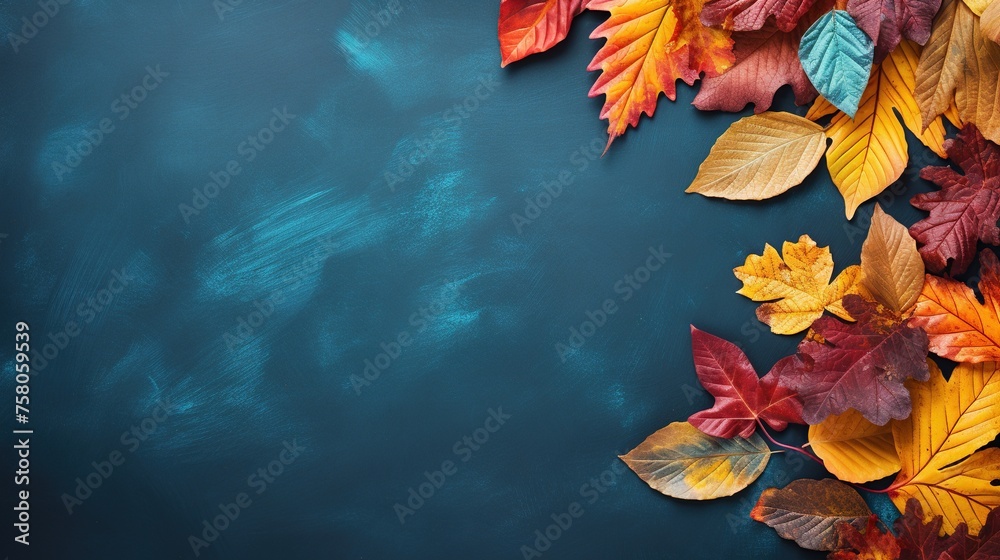 Autumn leaves on a blue slate background. Colored leaves for autumn backdrop with copy space.