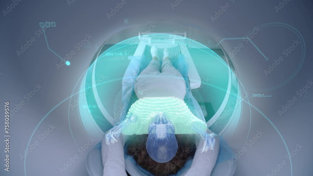 Woman undergoes MRI or CT scan, lies on bed inside the machine. Visual effects of scanning female patient brain and body. High-tech equipment in modern medical lab with augmented reality technologies.