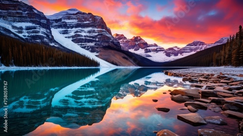 Tranquil mountain landscape with stunning sunset sky reflections in serene lake setting