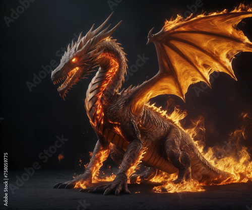 Aggressive Majestic Dragon Burning Flaming with Fire 3D illustration