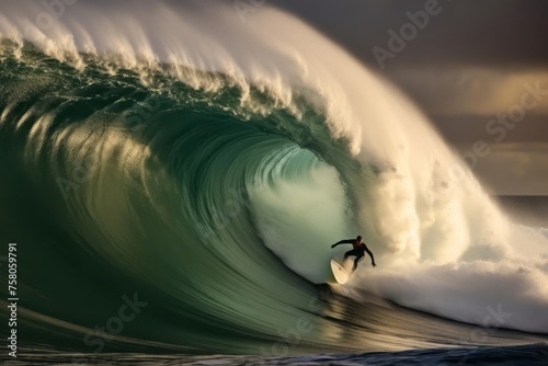 A surfer who performs a trick on the huge ocean wave during a surfing competition, demonstrating amazing courage and skill. photo