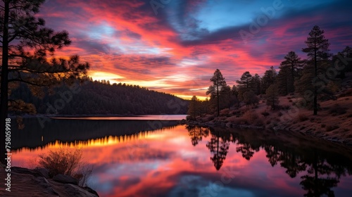 Tranquil mountain landscape with colorful sunset sky reflected in calm lake waters