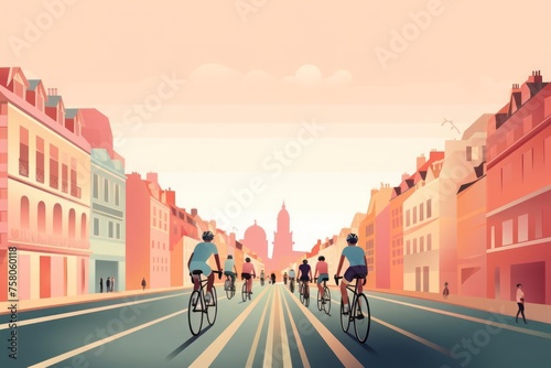 Cyclists traversing iconic Parisian streets during a cycling event at the 2024 Summer Olympics against a pastel background. The athletes in motion through the city.