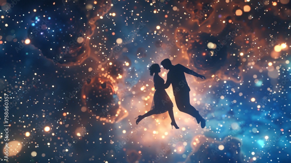 Couple floats in the vastness of space, surrounded by a constellation of guests from across the galaxy, celebrating love that transcends planets.