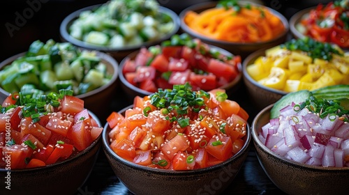 Poke bowls close up to show the variety of fresh ingredients