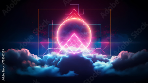 Mysterious geometric shapes with neon effects and magical clouds