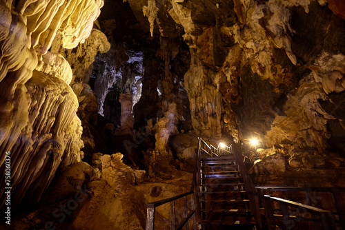 Stalactite and Stalagmite in the cave at Phi Phi Petch cave in Thailand photo