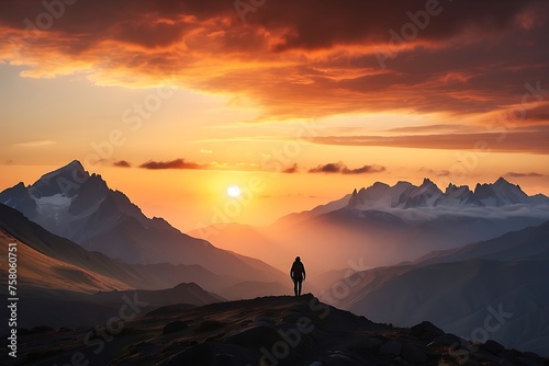 Hiker man standing on the top of a mountain and looking at the sunset. Man on top of the mountain © ASGraphicsB24