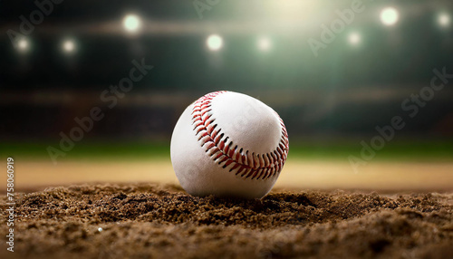 Leather baseball lying on the ground on a baseball field. Professional active sport. Blurred arena