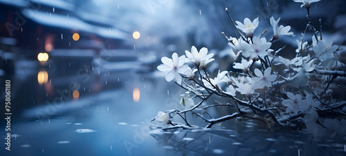 Winter jasmine in small village at morning, ai generative