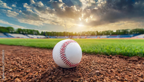 Leather baseball lying on the ground on a baseball field. Professional active sport. Green grass.