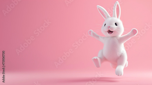 3d render of a cute white rabbit jumping on pink background