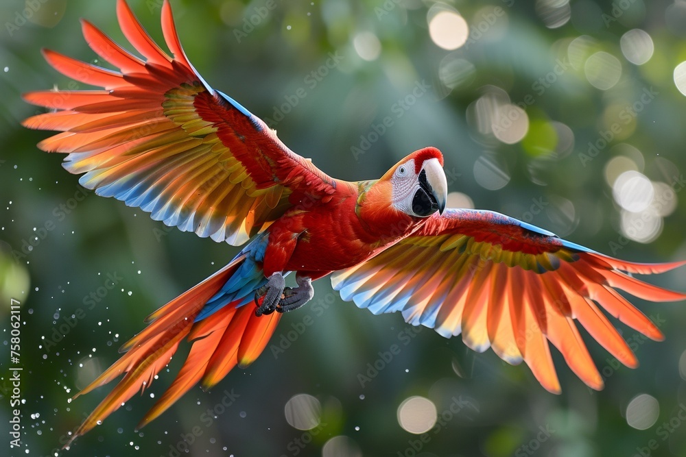 A breathtaking red macaw in the lush forest, with a stunning background of nature and wildlife.
