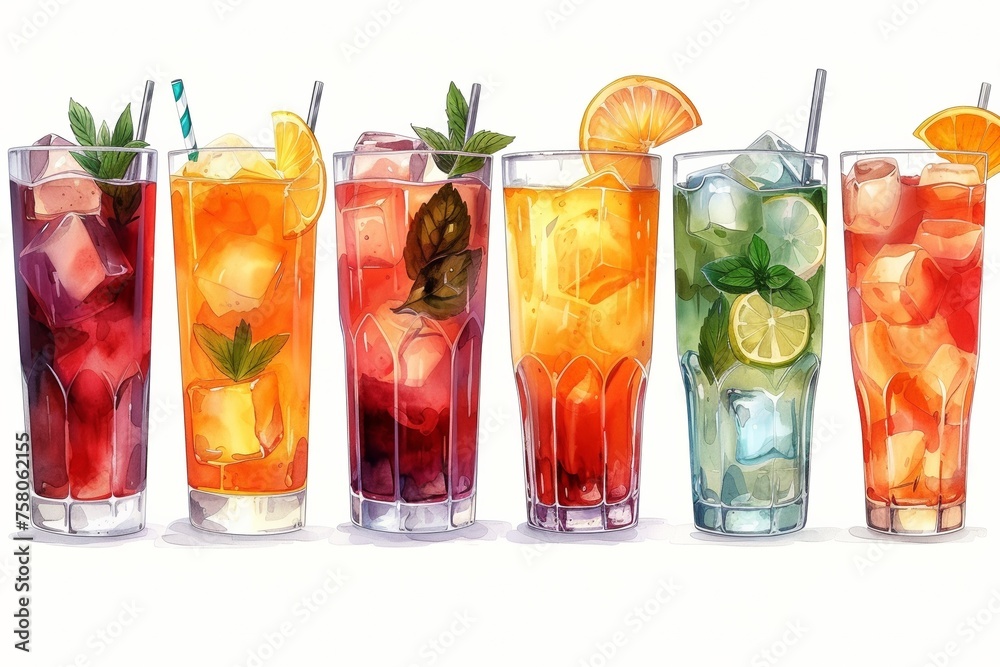 A refreshing mix of colorful cocktails with ice, mint, lime, and fruity flavors. A refreshing mix of colorful cocktails with ice, mint, lime, and fruity flavors.