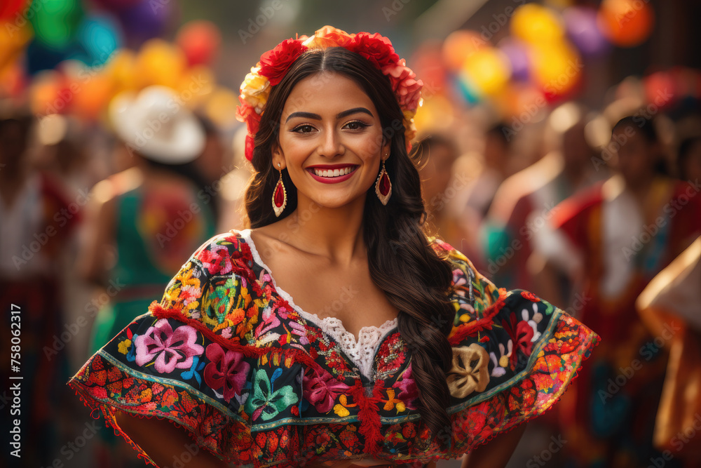 A beautiful Mexican happy woman in national clothes dances folklore at street festivities during the Cinco de Mayo holiday. Cinco De Mayo - Mexico's national holiday