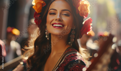 A beautiful Mexican happy woman in national clothes dances folklore at street festivities during the Cinco de Mayo holiday. Cinco De Mayo - Mexico's national holiday