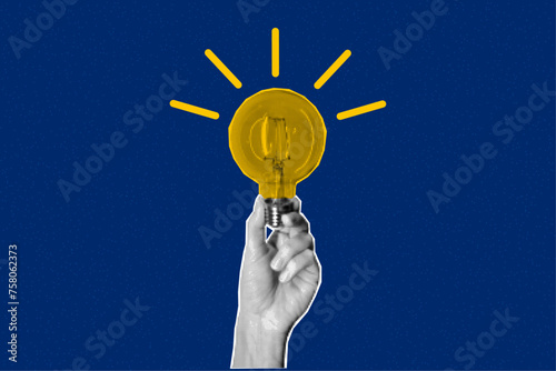 Halftone collage retro banner, paper cut out magazine elements. Hand holding a glowing light bulb on a textured blue background. Answer, idea, problem solving or business solution concept.
