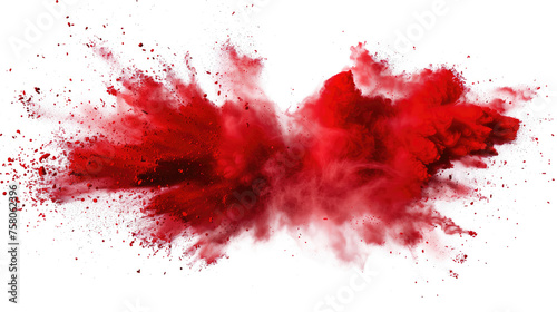 A vibrant explosion of red powder bursts against a clean white background, creating a dramatic and intense abstract effect.