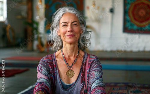 Mature woman with a radiant smile meditating in a tranquil yoga studio © LouLou