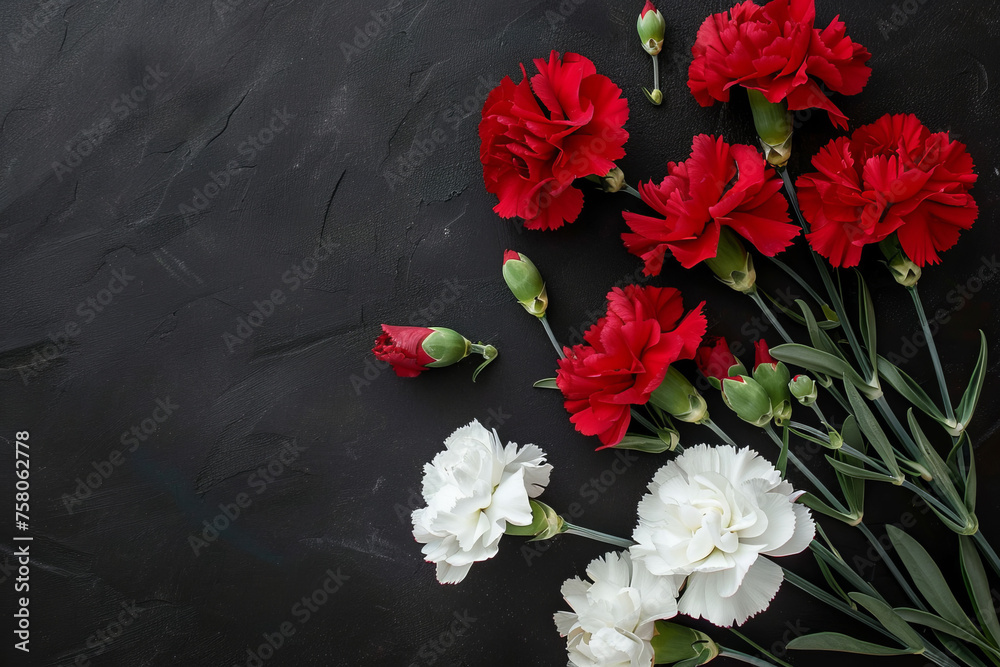 Carnation flowers with candle on black background. Copy Space. Generative AI. Carnation flowers with candle on black background. Copy Space. Generative AI.