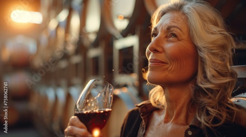 Joyful senior woman enjoying the aroma of red wine in a warm, ambient winery