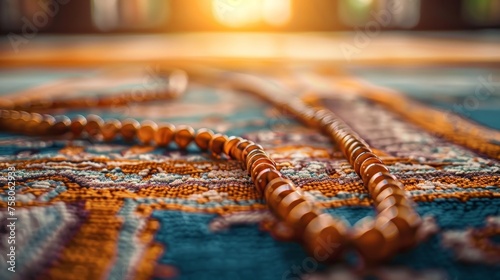 Muslim prayer beads on prayer mat, Islamic Islam faith hajj ramadan Eid Fitr Adha photo