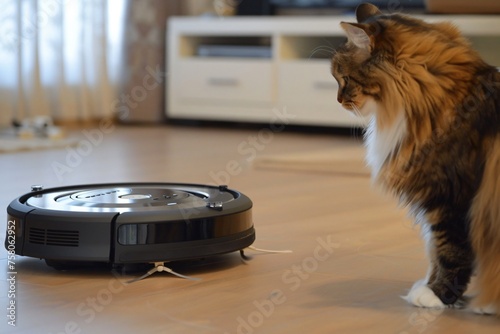 Maine Coon on a robotic voyage aboard a Roomba, navigating the twists and turns of home. photo