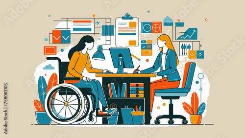 young woman in a wheelchair working with a female colleague in an office
