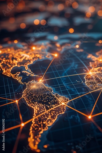 A network of interconnected nodes glowing over a world map representing the global financial blockchain technology in action