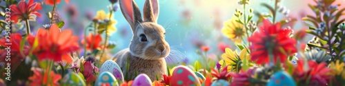 A vibrant colorful rabbit surrounded by a spectrum of Easter eggs in a lush flower filled spring garden