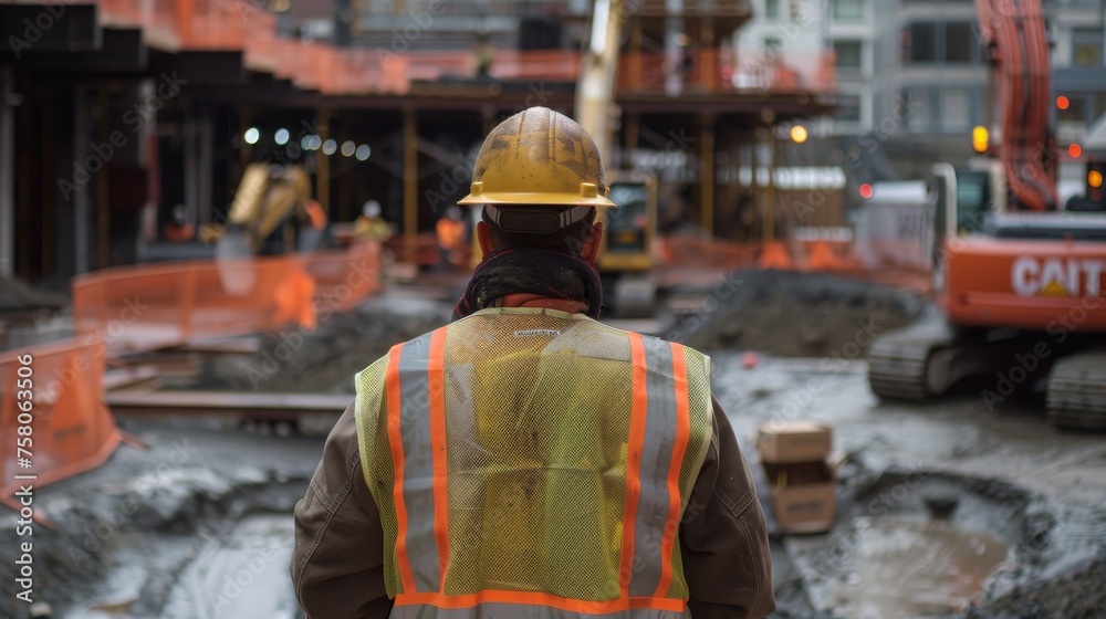 Construction Worker Overseeing Site with Heavy Machinery Construction Worker Overseeing Site with Heavy Machinery