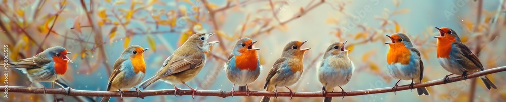 Animated birds forming a musical group each showing a humorous face singing in unison lively tones