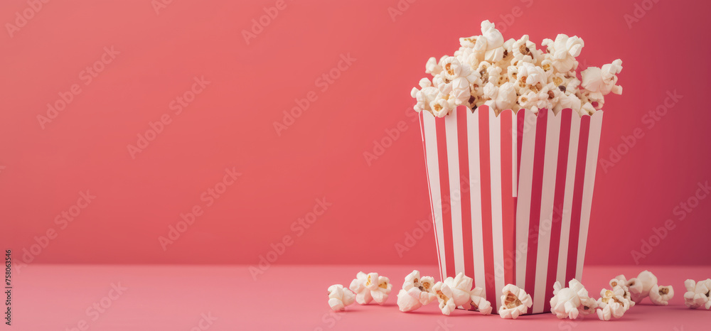 Cardboard box with red striped bowl of cheese cinema popcorn on pink background with copy space