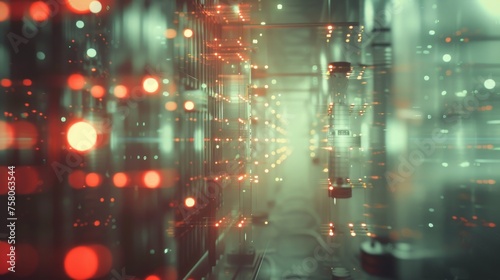 Backdrop background displaying grand scale tech infrastructure, infused with detailed elements and a subtly blurred bokeh effect