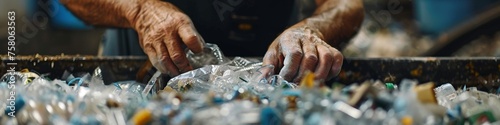 Close up on hands at work in recycling facility sorting plastic a vital link in the chain of environmental stewardship and waste management photo