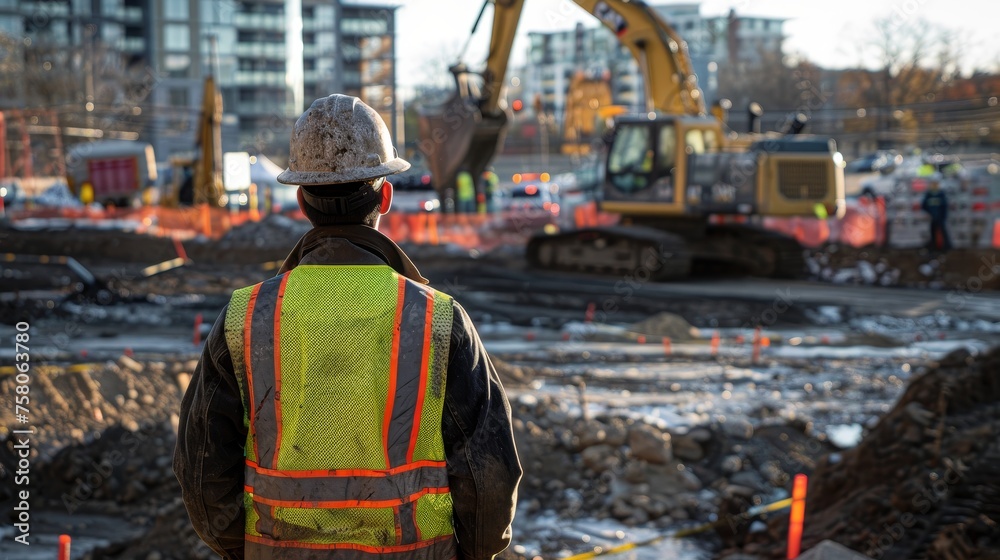 Construction Worker Overseeing Site with Heavy Machinery