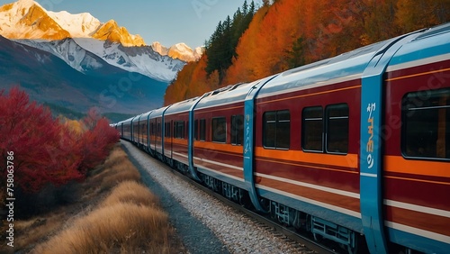 Train traveling in the autumn mountains. Railway through the autumn forest.