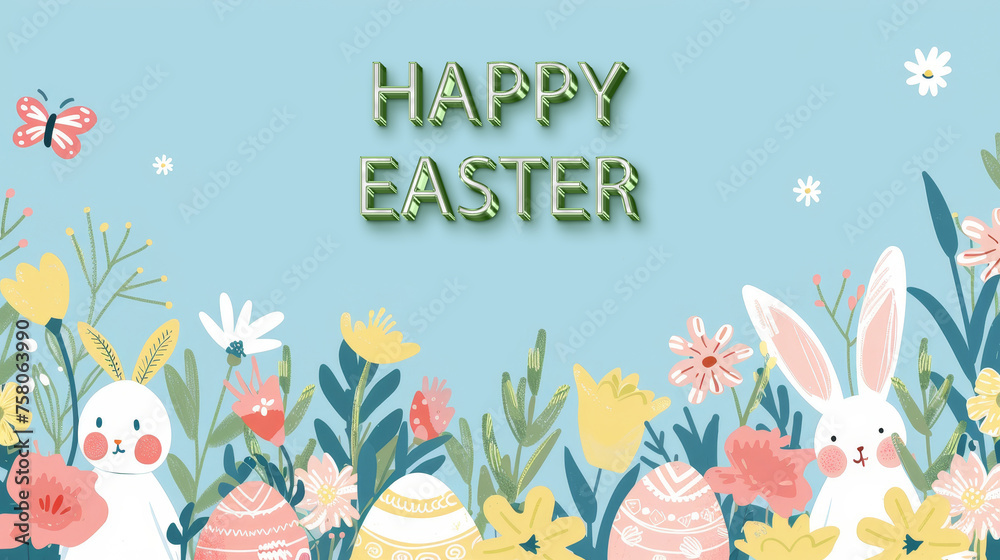 Happy easter greeting card with hand drawn flowers easter eggs and rabbits on blue background with copy space
