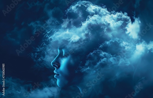 Conceptual image of a woman's profile blended with swirling clouds, symbolizing imagination or dreams, in moody blue tones.