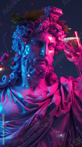 The Greek god Dionysus god of wine and celebration cast in a intoxicating neon haze photo