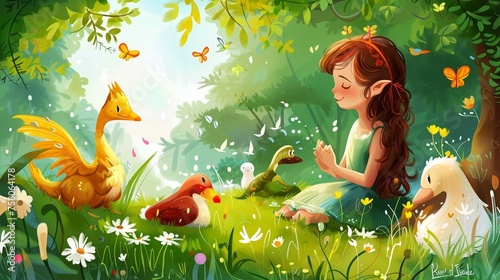 Tranquil cartoon meadow in fairy tale time young girl painting surrounded by mythical creatures