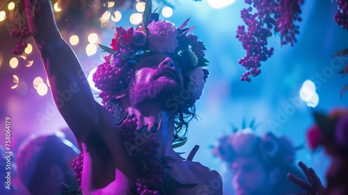 Visualize the Greek god Dionysus the god of wine and celebration immersed in a neon lit revelry photo