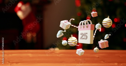 Image of calendar with 25 number date and christmas decorations