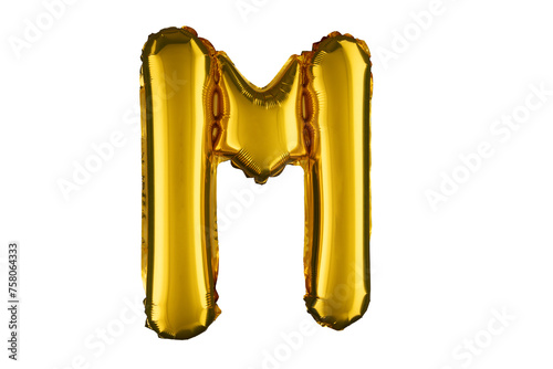 Helium gold balloon letter M isolated on white.